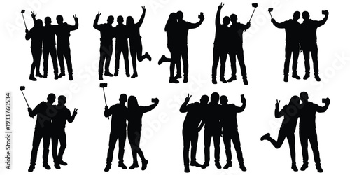 Selfie group silhouette illustration, modern social artwork, digital lifestyle design tribute, mobile culture graphic, friendship connection concept, expressive pose theme flat vector illustration