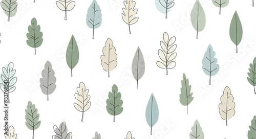 Seamless pattern of stylized trees in muted colors.