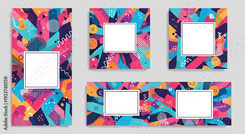 Set of four modern abstract banner templates featuring vibrant geometric patterns and white frames for custom text, ideal for social media or marketing.