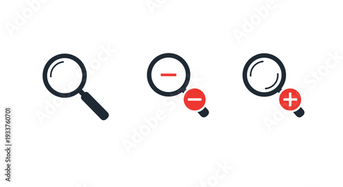 Set of three magnifying glass icons for search and zoom functions, featuring basic, zoom out with a minus, and zoom in with a plus sign in bright red.