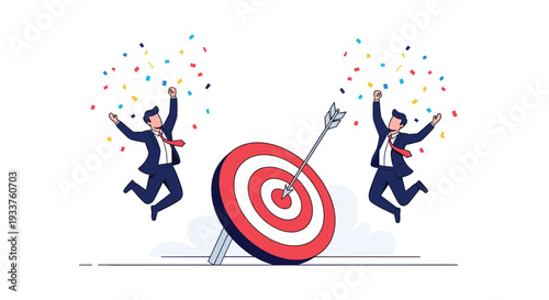 Business success concept illustration showing two businesspeople jumping for joy next to a target with an arrow in the bullseye and colorful confetti.