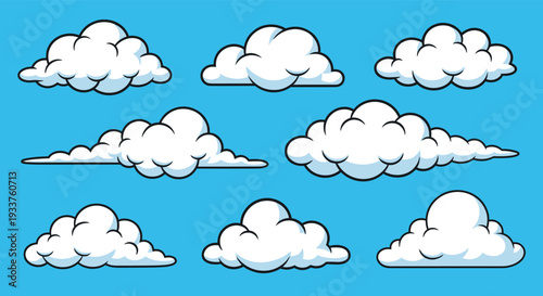 Comprehensive set of various fluffy white cloud illustrations in different shapes and sizes against a bright blue sky background, perfect for cartoons.