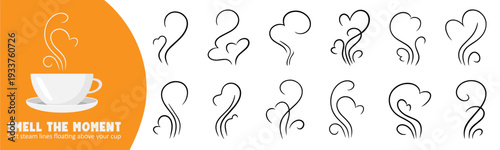 Decorative steam, scent and fragrance swirls above a cup. Sketch effect icons for logo, packaging, handwriting labels and warm drink designs.