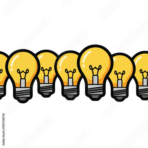 A row of yellow light bulbs in various stages of illumination, symbolizing ideas and innovation, vector illustration