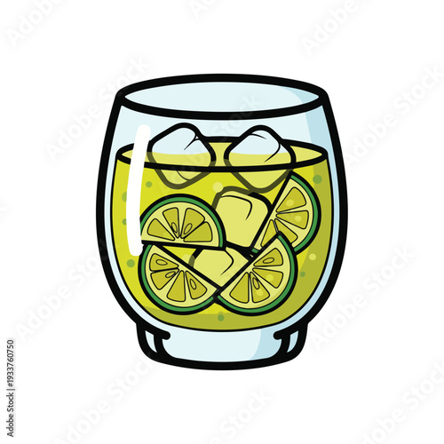 A glass filled with a refreshing yellow drink, ice, and slices of lime, viewed from the side