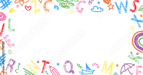Decorative crayon frame with cartoon doodle elements and soft pastel look. Frame crayon kindergarten style perfect for children visuals, classroom materials and text areas.