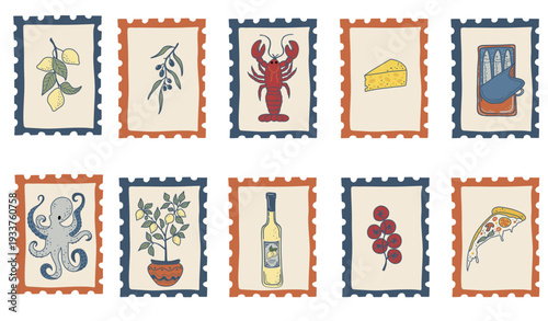 Vintage-style stamp illustrations featuring Italian coastal cuisine: seafood, lemons, pizza, olive oil and Mediterranean elements for prints, menus and decor.