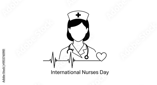 International Nurses Day Icon: Nurse Silhouette with Heartbeat and Heart