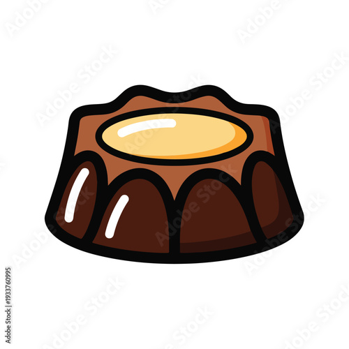 Illustration of a chocolate dessert with caramel filling viewed from the front
