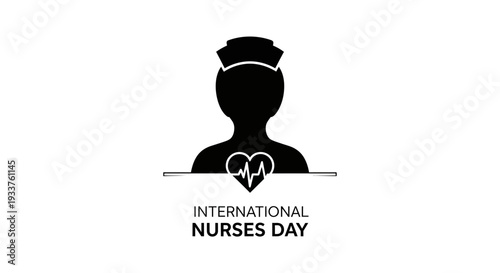 International Nurses Day Silhouette Icon with Heartbeat and Nurse Cap