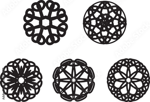 Collection of five intricate black lace doily patterns on white background