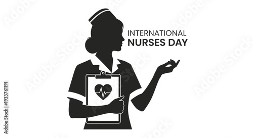 International Nurses Day Silhouette: Nurse with Heartbeat ECG and Clipboard