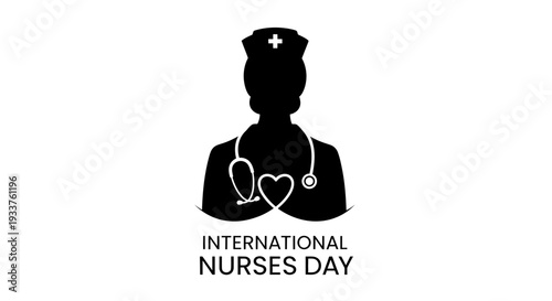 International Nurses Day Silhouette: Nurse with Stethoscope and Heart Icon