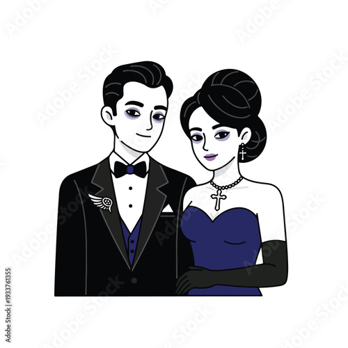 Elegant couple dressed in formal attire, standing together, with man wearing tuxedo and woman in evening gown