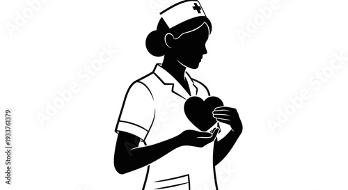 Nurse Holding Heart Silhouette, Symbol of Care and Compassion
