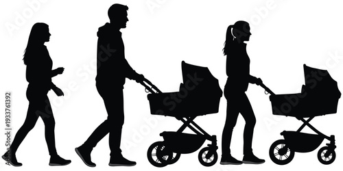 Walking people silhouette pushing baby stroller family parenting lifestyle motherhood fatherhood children care urban street scene progression stages - flat vector illustration