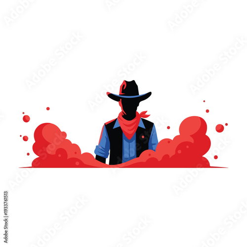 A silhouette cowboy stands amidst red smoke clouds, illustrated in a flat design style from a frontal viewpoint