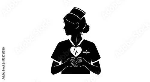 Nurse Silhouette with Heartbeat Pulse and Medical Symbol