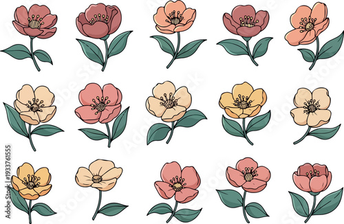 Collection of colorful flowers arranged in a grid pattern on a clean background from a direct viewpoint