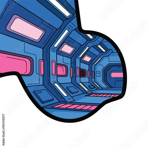 Futuristic corridor with blue and pink accents viewed from a unique curvilinear perspective, illustrating a sleek technological environment in a graphic illustration style, as seen in pektor3498.eps