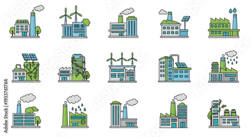 Collection of Industrial Factory Buildings with Green Energy Elements.