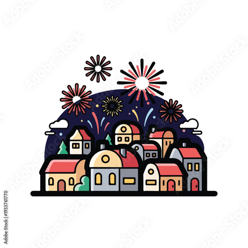 Vibrant Celebration Erupts Over Colorful Town with Fireworks, Buildings, and Night Sky