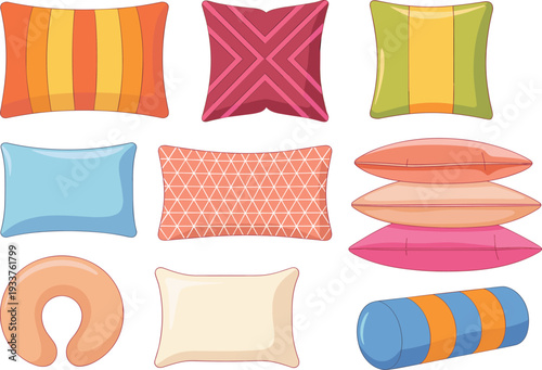 Colorful Decorative Pillow and Cushion Vector Icon Set for Comfortable Home Interior Bedding and Furniture Design