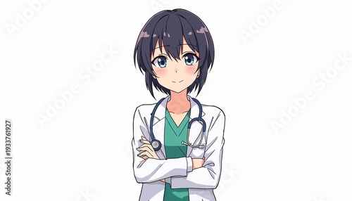 腕を組んで微笑む女性医師のアニメイラスト、白衣、医療・健康のイメージ、白背景