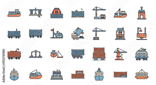 Collection of Industrial Port and Shipping Icons.