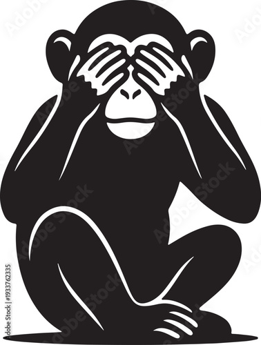 Black silhouette of a monkey covering its eyes with hands also transparent background white background