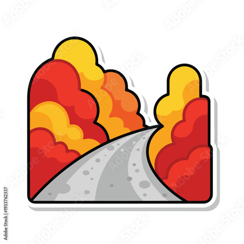 A winding road stretches through vibrant autumn foliage viewed from a slight elevation