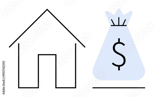 House and money bag with dollar sign conveying real estate investment, savings, mortgage, financial planning, property purchase, homeownership, and economic growth. Ideal for business, finance