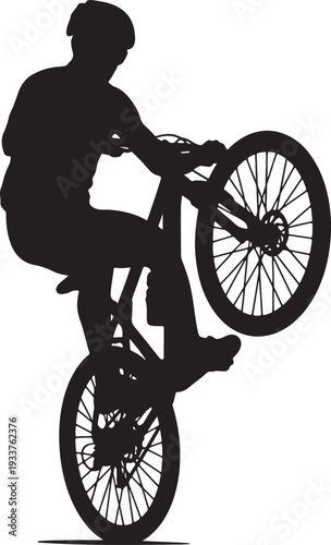 Black silhouette of man riding bicycle performing wheelie on white background also transparent background