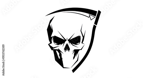 Grim Reaper Skull Emblem with Scythe, Dark Art, Black and White Icon