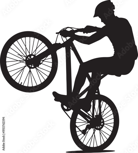 Black silhouette of man riding bicycle with front wheel raised also transparent background bike