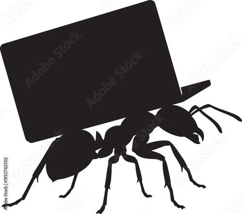 Black silhouette of an ant carrying a rectangle also transparent background insect