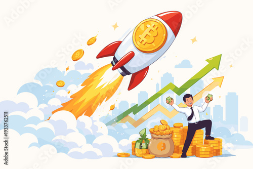 Bitcoin Price Skyrocketing to the Moon with Rocket Launch and Successful Investor Celebrating Wealth Growth, Cryptocurrency Bull Market Concept with Rising Graph and Gold Coins Illustration.