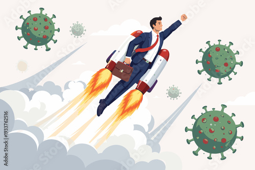Successful Businessman Soaring with a Jetpack Past Coronavirus Cells, Representing Economic Recovery, Startup Growth, and Resilience During the COVID-19 Pandemic and Global Financial Crisis.