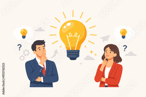 Business Team Brainstorming for Innovative Ideas and Creative Solutions with a Large Glowing Light Bulb Concept. Man and Woman in Suits Thinking and Finding Inspiration for Startup Success.