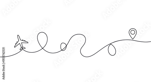Airplane flight path with destination marker and loop, continuous line drawing