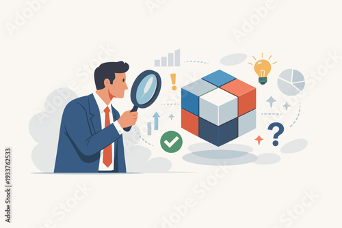 Businessman analyzing a 3D cube with a magnifying glass, representing business case study, marketing research, product prototype evaluation, competitor analysis, and data-driven decision making.