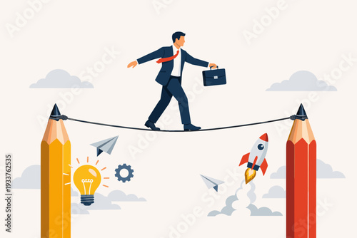 Businessman walking on tightrope between giant pencils representing creative business solutions, innovation, risk management, and career success with lightbulb, rocket, and gear icons vector concept