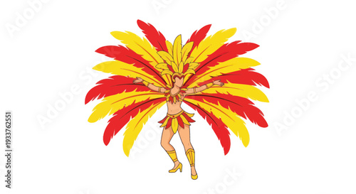Carnival Dancer with Vibrant Red and Yellow Feathers on White Background