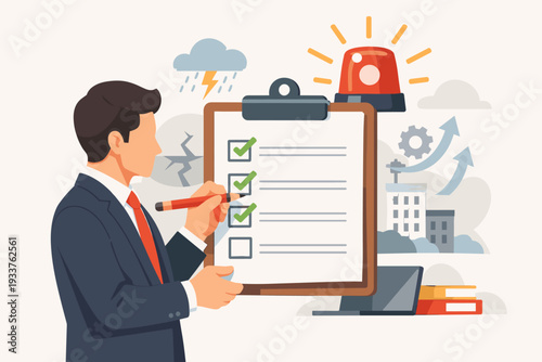 Businessman filling out emergency plan checklist for disaster recovery and business continuity management, featuring icons of storm, earthquake, and siren for risk assessment and resilience strategy.