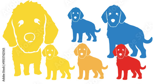 Colorful Dog Silhouettes - Playful Pups in Yellow, Blue, Orange, and Red