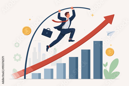 Businessman Pole Vaulting Over Rising Bar Chart and Upward Arrow for Business Success, Financial Growth, Goal Achievement, Overcoming Challenges, Career Advancement, and Strategic Development.
