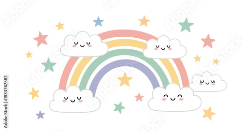 Cute Pastel Rainbow and Smiling Clouds with Stars - Kawaii Illustration
