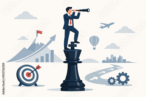 Businessman standing on a chess king looking through a telescope for future opportunities. Business strategy, leadership vision, planning, and goal setting concept with target, gears, and success.