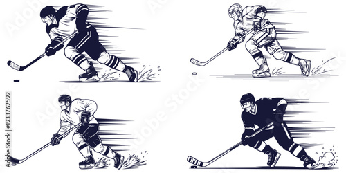 Set Hockey players playing game on ice with stick and puck eps 10
