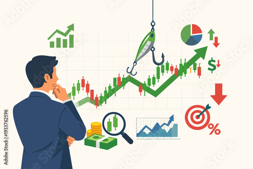 Businessman analyzing stock market candlestick chart with fishing hook trap concept. Financial data analysis, investment strategy, risk management, and market manipulation vector illustration.